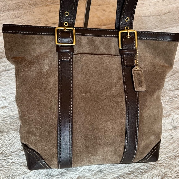 Coach Carly Taupe Brown suede and leather tote. - Picture 4 of 13